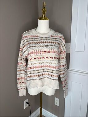 American Eagle Outfitters Cream Fair Isle Crewneck with Red & Tan Pattern